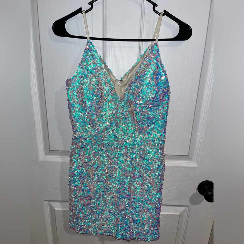 White/silver sequin mini dress.